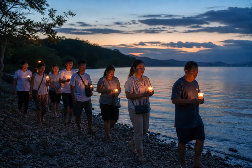 Cebu Shore Walkers carrying candles along a rocky shore at dusk