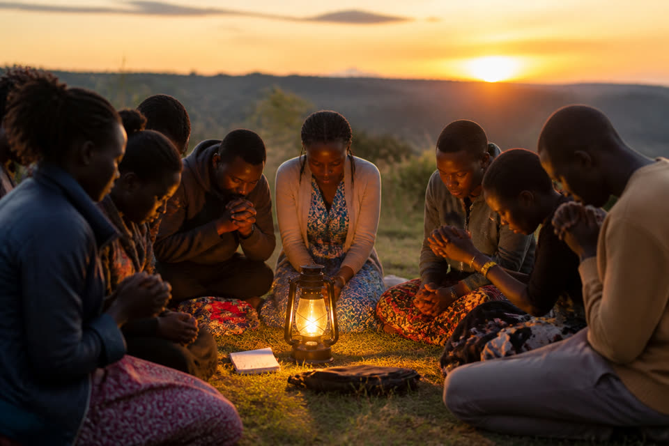 Kampala Witness Circle praying outdoors at dawn with lantern light